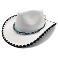 Cappello da cowboy bianco in feltro con fascia turchese e bordo intrecciato nero - M(56-58cm) / Bianco