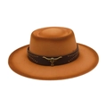 Chapeau fedora en laine orange de style western avec boucle tête de taureau et rivets - Taille unique / Camel (Tête de Taureau Dorée)
