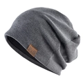 Dark gray knitted beanie hat with F&S leather label and thick thermal lining for winter - Thin Style / Dark Gray