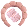 Soft pink sponge headband and wristband set with sparkling rhinestone accents - 3pcs Set (Headband + Wristbands) / Elegant Pink with Rhinestones