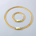 Polished gold Cuban chain necklace and bracelet set with secure rectangular clasp - Bracelet 21cm / 9mm Wide Beveled Double Weave Chain - Type B Buckle / Gold