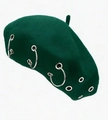 Dark green wool beret hat with metallic silver rings in a minimalist punk style - 27.5*7cm / Dark Green