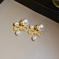 Detail of elegant two-way pearl earrings featuring a gold bow with micro-inlaid zircons - 8# Silver Earring Post-Gold Plated (Bowknot Double Pearl)