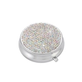 Portable round metal pill box with sparkling colorful rhinestones and push button opener - AB Color