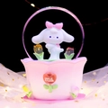 Pink rabbit snow globe music box with Mila flower pot base and tulip details - Large 100mm Inner Rotation + Snow / Pink Rabbit