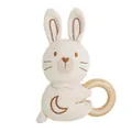 Handmade organic cotton rabbit rattle toy with a smooth natural wooden teething ring - Rabbit Style Organic Cotton Wood Ring Rattle