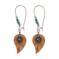 Bohemian hollow brown wooden leaf earrings with antique bronze metal and blue beads - Style 47/Leaf Shape Bronze Metal Decor