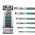 Set of 6 green wooden handle artist brushes with flat synthetic bristles and silver ferrules - 6Pcs Flat Peak HB6207A / Dark Green