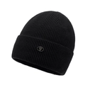 Classic black ribbed knit beanie with metal logo plaque for winter outdoor warmth - One Size / Black
