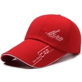 Red cotton baseball cap with CAP Sport Style white embroidery from a side angle - Adjustable / Red