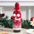 Knitted red and white reindeer pattern wine bottle cover with white pom-pom drawstrings - Elk Style