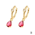 Detail of 18K gold hoop earring featuring red teardrop gemstone and square white zircon - Rose Red Teardrop (ER1138)