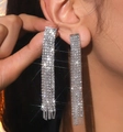 Luxurious silver tassel earrings featuring sparkling crystal rhinestones for a party look - Silver Starburst Fire Long Tassel Earrings DTE1616776S