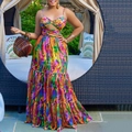 Women's sexy halter maxi dress with feather print and cutout ring detail for summer - S / Dresses / Colorful Feather Print