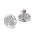 Silver Hamsa Hand stainless steel stud earrings with hollow disk and crystal inlay - Hamsa Hand Hollow Style (KE51029-K)