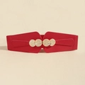Detail view of red PU leather wide belt featuring an elegant gold double ring buckle - Red