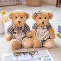 Caramel teddy bear pair in vintage British plaid shirts and newspaper print dresses - 30cm Pair / Plaid Overalls