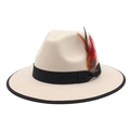 Elegant beige wool fedora hat with black brim piping and colorful feather accent - M(56-58cm) / Beige