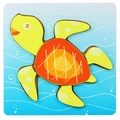 Wooden 3D turtle puzzle piece for kids with green body and orange shell on blue sea - 3D Jigsaw-Sea Turtle (JM立体-海龟)