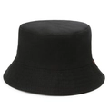 Close-up of black cotton bucket hat featuring a distinct red and black woven side label - One Size / Black & Pink