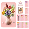 Detailed view of 724PCS building block flower bouquet set with sizes for each floral stem - Sunflower Lily Baby's Breath Style (109-8)