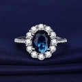 Silver ring with oval blue gemstone and zircon halo, elegant wedding band jewelry - Heart Of The Ocean [platinum] Ljz-176 / Adjustable Open