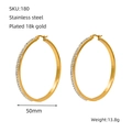 50mm round 18k gold plated stainless steel hoop earrings with clear crystal stones - 50mm