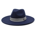 Detail of navy blue wool fedora with a black and white striped ribbon band trim - M (56-58cm) / Navy Blue
