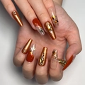 Autumn maple leaf press-on nails with bronze metal finish, amber gems, and butterfly sequins - With Glue(JP2842)
