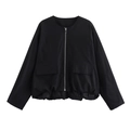 Detail of black flight jacket featuring silver zipper closure and large utility pockets - S / Black