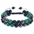 Pulsera trenzada de doble capa con cuentas de malaquita, obsidiana y hematita para hombre y mujer - Pulsera de Malaquita + Hematita + Obsidiana de 8MM