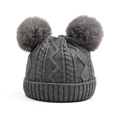 Detail of grey cable knit baby hat featuring thick texture and fluffy double pom-poms - Gray - Double Ball Kids Knitted Hat