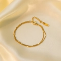 Elegante pulsera de doble capa de acero inoxidable dorado sobre seda beige - Cadena de Eslabones Planos (E141) / Dorado