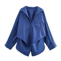 Navy blue long sleeve loose fit poplin shirt with single chest pocket and curved hemline - XS / Medium Blue