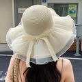 Women's summer straw sun hat with large wide brim and elegant organza bow detail - Solid Color Mesh Veil Beige