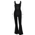 Solid black sleeveless jumpsuit with U-neck, backless design and flared leg style - S / Black