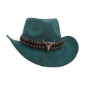 Dark teal wide brim cowboy hat featuring ethnic braided band and silver bull skull accent - Dark Green