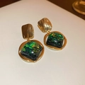 Vintage emerald green iridescent square earrings featuring a hammered gold stud finish. - Hammered Metal Style (50#)