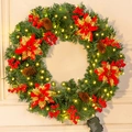 Detail of flocked Christmas wreath with pine cones, berries, poinsettia and LED lights - Timer Waterproof Battery Light (SYWT003)