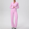 Three-piece pink yoga set with zipper cardigan, tank top and wide-leg pants - S / Top And Bottom / Sakura Pink