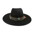 Cappello western nero in feltro con pietra turchese e ricamo boho colorato - Taglia unica / Nero