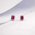 S925 sterling silver stud earrings with rectangle cut red ruby and white diamond halo - 925 Silver / Created Ruby Stud Earrings