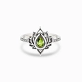 Macro detail of vintage silver lotus ring with pear-cut green gemstone and micro-pavé diamonds - US 6 / Green