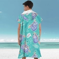 Hooded microfiber beach poncho for adults in tiffany blue with purple sloth pattern - Pullover Style - Sloth