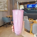Pink double-layer 750ml plastic straw cup with Good Lucky print and clear straw - 750ml / Letter Style - Pink