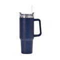Detailed macro view of deep blue 40oz tumbler with ergonomic handle and clear lid - 40oz Navy Blue / 40oz