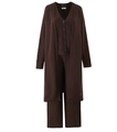 Flat lay of a 3-piece dark brown knit set with cardigan, V-neck top and wide-leg trousers - One Size / Coffee