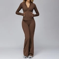 Slim fit dark brown yoga set with zip-up jacket and flared leggings in soft brushed fabric - Chocolate Brown (Jacket+Wide Leg Pants)