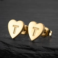 Golden heart-shaped stainless steel stud earrings featuring an engraved letter T - Letter T / Gold