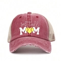 Distressed dark red and beige softball mom ponytail trucker hat with mesh back - One Size / Burgundy